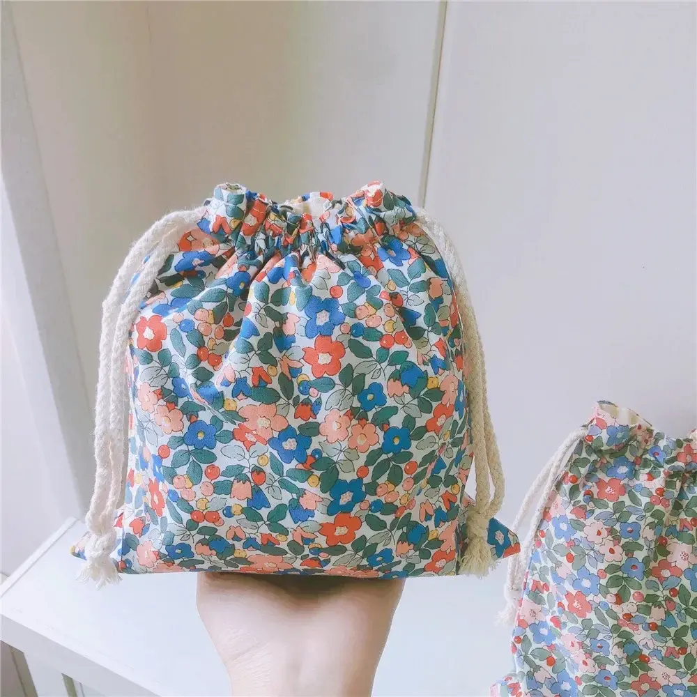 Cotton Women Floral Drawstring Makeup Bag Organizer Storage Pouch Beauty Case for Travel and Toiletry