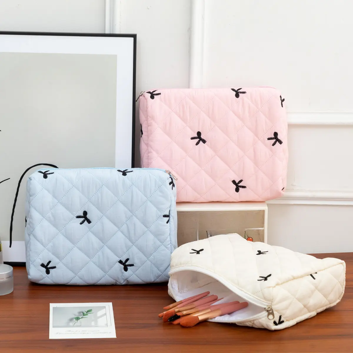 Cute Bow Makeup Bag Women Zipper Cosmetic Organizer Handbag Box Shape Portable Toiletry Case for Girls Large Travel Cosmetic Bag
