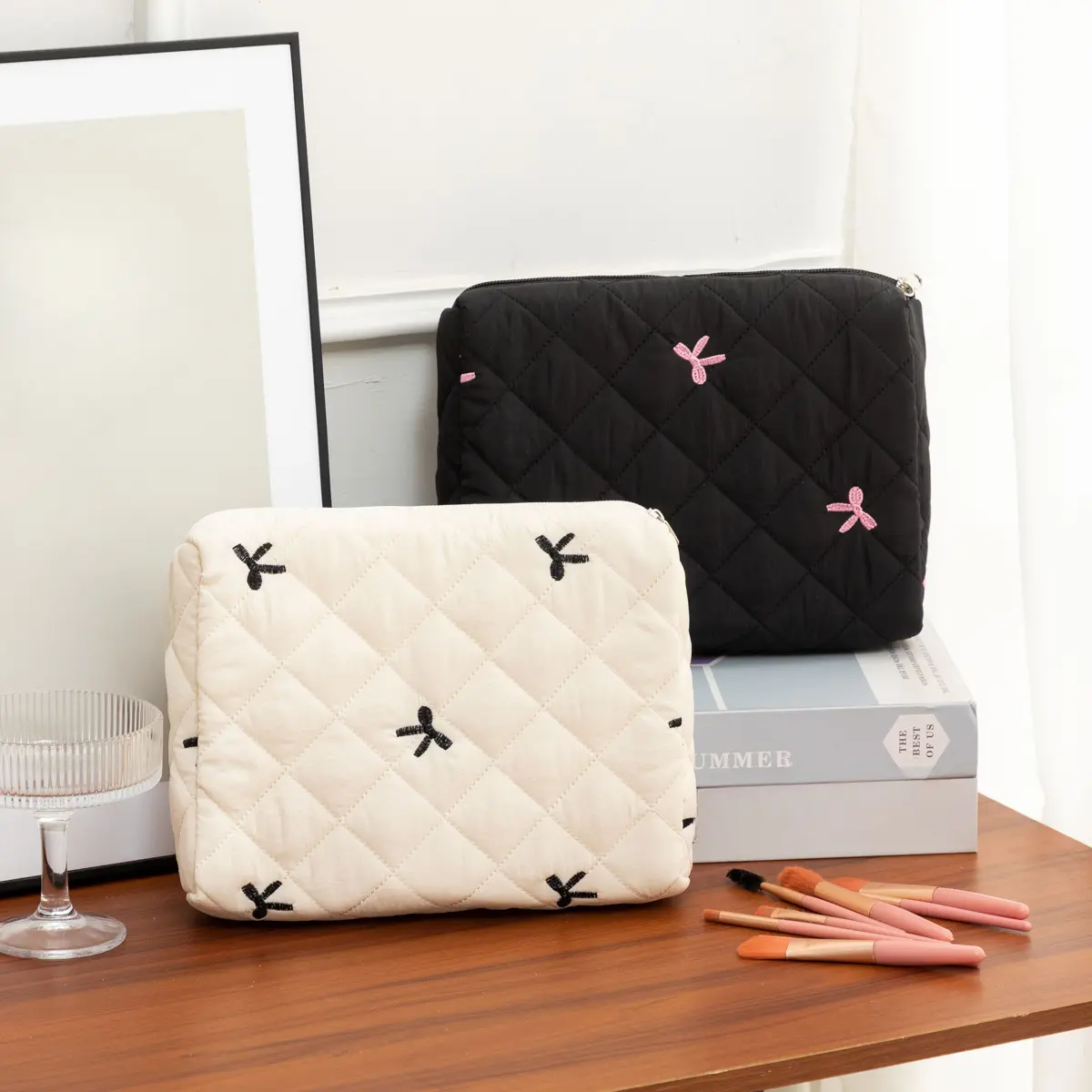 Cute Bow Makeup Bag Women Zipper Cosmetic Organizer Handbag Box Shape Portable Toiletry Case for Girls Large Travel Cosmetic Bag