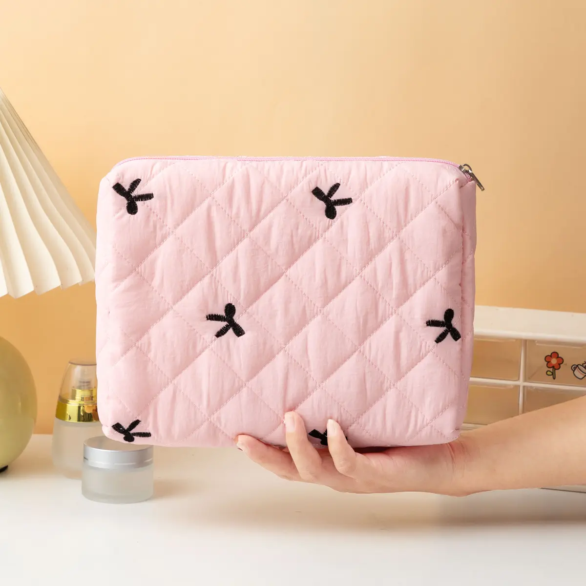 Cute Bow Makeup Bag Women Zipper Cosmetic Organizer Handbag Box Shape Portable Toiletry Case for Girls Large Travel Cosmetic Bag