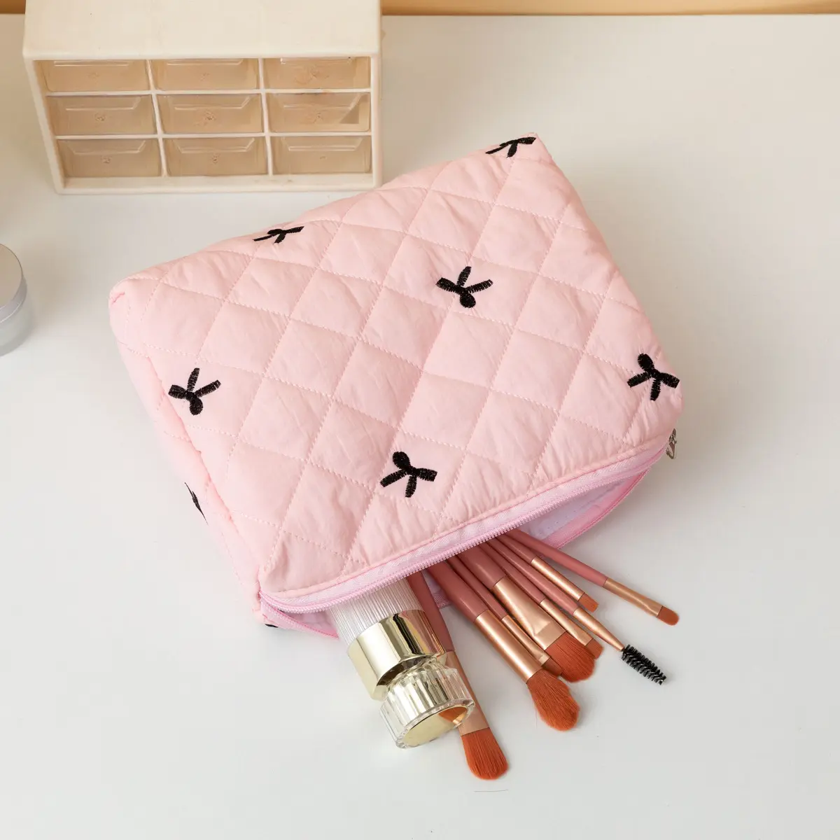 Cute Bow Makeup Bag Women Zipper Cosmetic Organizer Handbag Box Shape Portable Toiletry Case for Girls Large Travel Cosmetic Bag