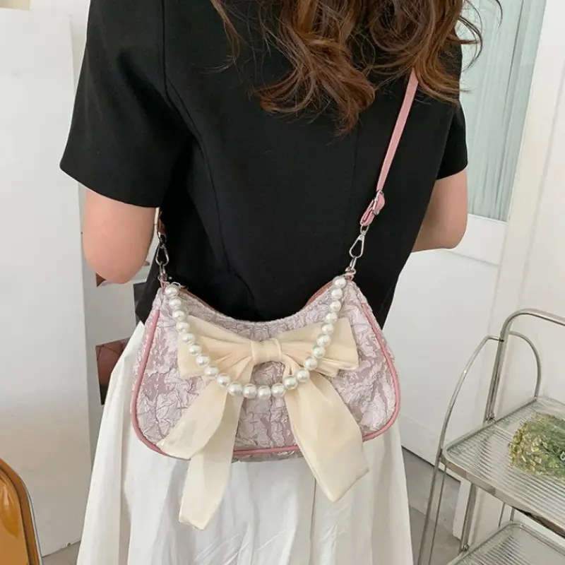 Women Retro Bow Single Shoulder Crossbody Bag Fashion Pearl PU Purse Handbag