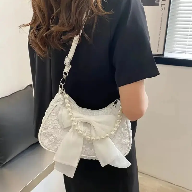 Women Retro Bow Single Shoulder Crossbody Bag Fashion Pearl PU Purse Handbag