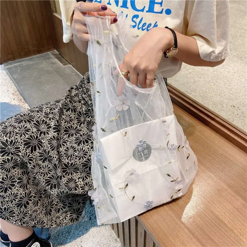 Female Flower Embroidered Hand Bag Shoulder Bags Casual Tote Reusable Shopping Bags Women Handbags New Fashion Summer Beach Bag