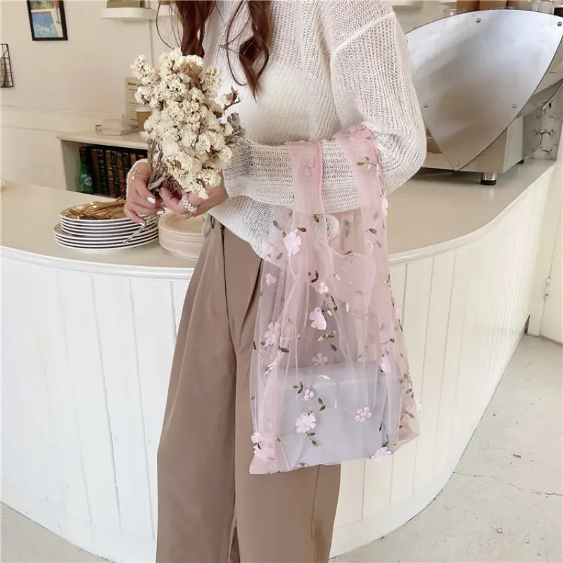Female Flower Embroidered Hand Bag Shoulder Bags Casual Tote Reusable Shopping Bags Women Handbags New Fashion Summer Beach Bag