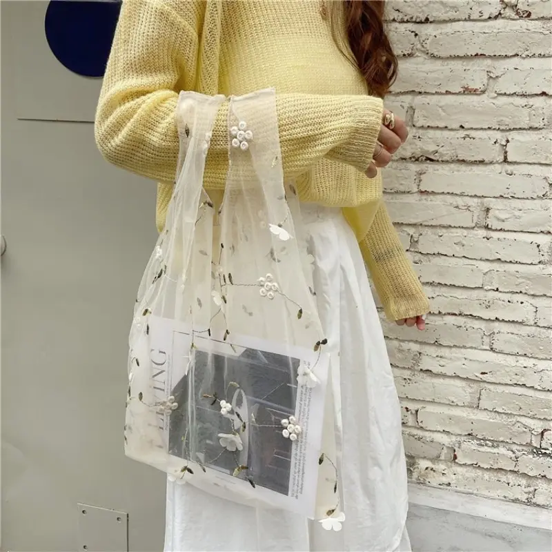 Female Flower Embroidered Hand Bag Shoulder Bags Casual Tote Reusable Shopping Bags Women Handbags New Fashion Summer Beach Bag