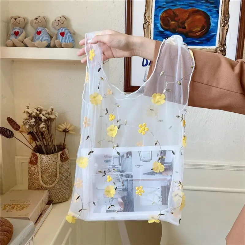 Female Flower Embroidered Hand Bag Shoulder Bags Casual Tote Reusable Shopping Bags Women Handbags New Fashion Summer Beach Bag