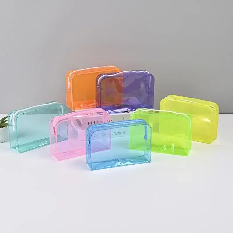 Candy Color Transparent Cosmetic Bag PVC Waterproof Large Capacity Makeup Bag Travel Cosmetic Organizer Toiletries Storage Bag