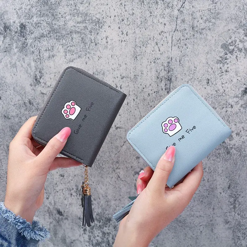 Cute Cartoon Printed Wallets for Women Kawaii PU Leather Small Mini Money Bag Coin Purse with Tassel