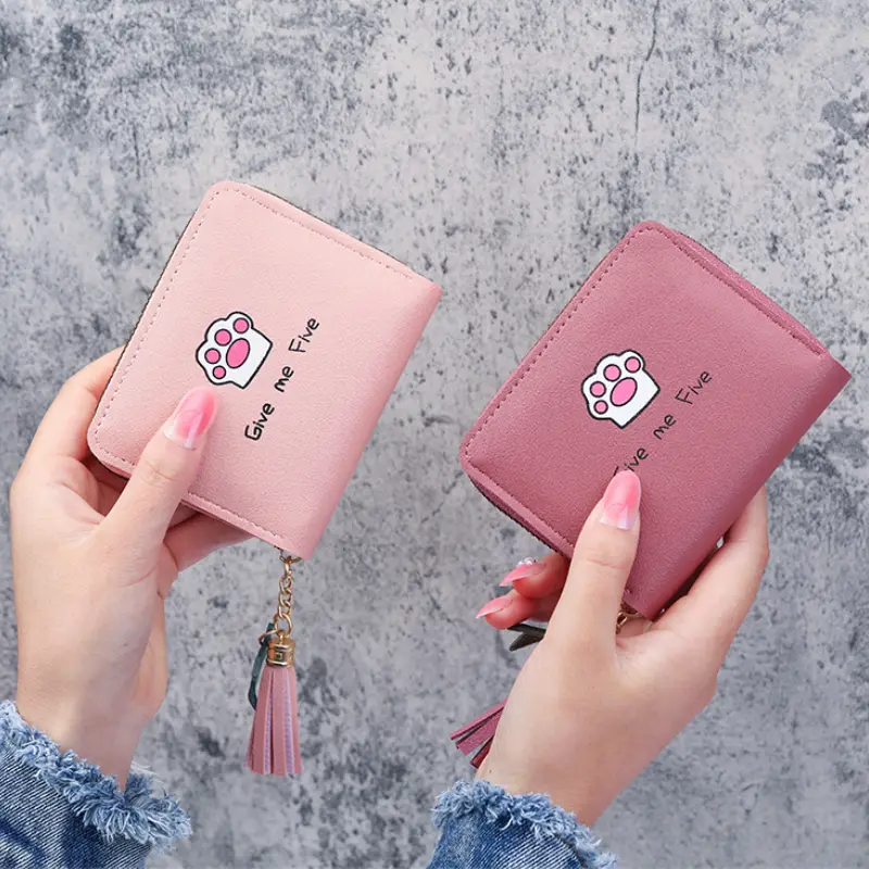 Cute Cartoon Printed Wallets for Women Kawaii PU Leather Small Mini Money Bag Coin Purse with Tassel
