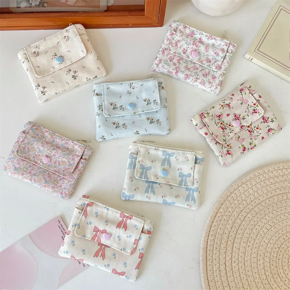 Canvas Mini Coin Purse Simple Zipper Kid Storage Pouch Money Pocket Cute Floral Coin Key Bag Women Girl Cute Wallet Mini Purse