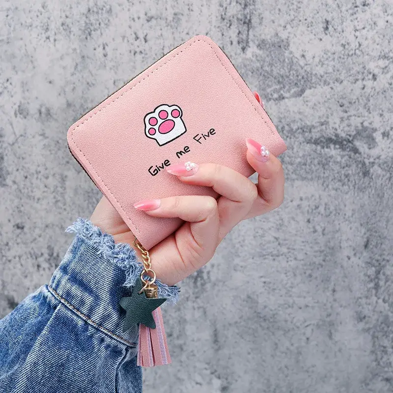 Cute Cartoon Printed Wallets for Women Kawaii PU Leather Small Mini Money Bag Coin Purse with Tassel