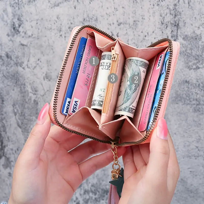 Cute Cartoon Printed Wallets for Women Kawaii PU Leather Small Mini Money Bag Coin Purse with Tassel
