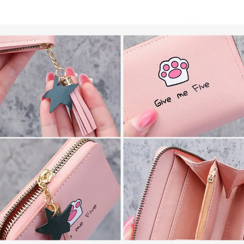 Cute Cartoon Printed Wallets for Women Kawaii PU Leather Small Mini Money Bag Coin Purse with Tassel