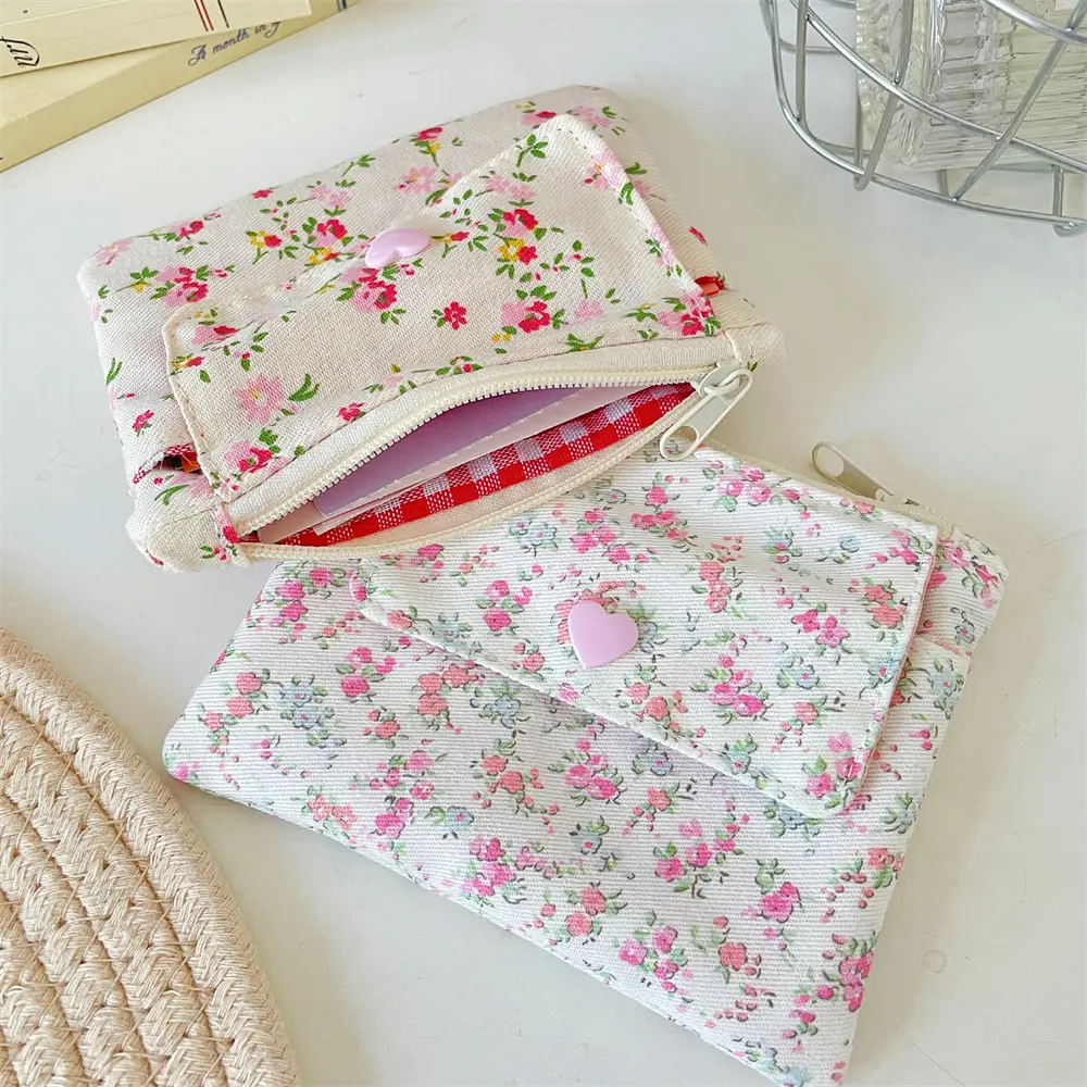 Canvas Mini Coin Purse Simple Zipper Kid Storage Pouch Money Pocket Cute Floral Coin Key Bag Women Girl Cute Wallet Mini Purse