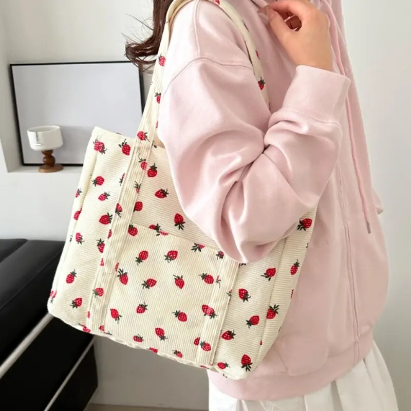 Strawberry Print Corduroy Handbag Sweet Women's Bag Fashion Storage Large Capacity Shoulder Bag Canvas Simple Women's Tote Bags