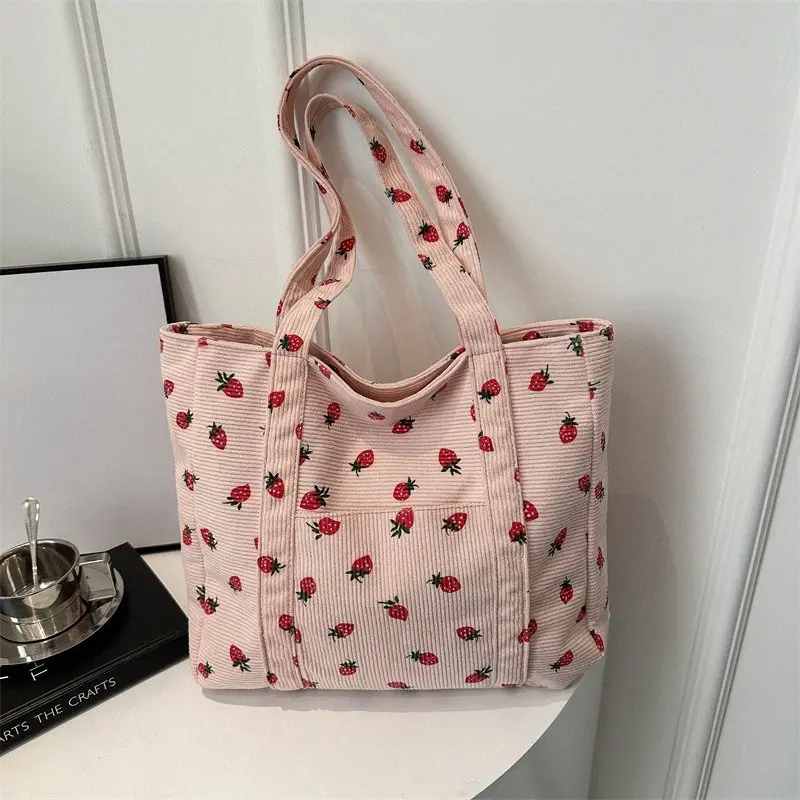 Strawberry Print Corduroy Handbag Sweet Women's Bag Fashion Storage Large Capacity Shoulder Bag Canvas Simple Women's Tote Bags