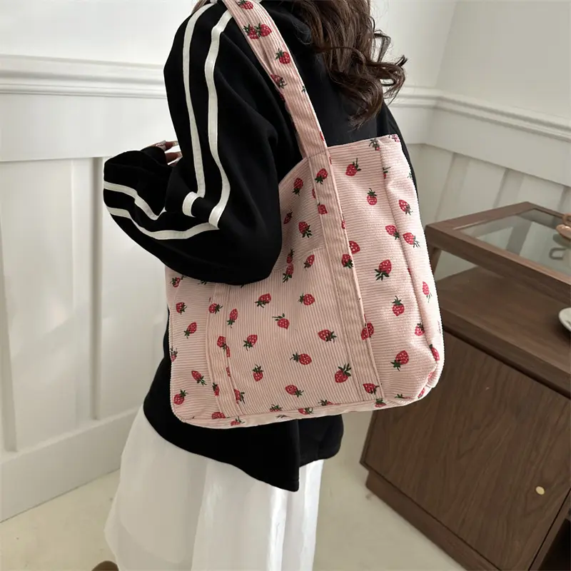 Strawberry Print Corduroy Handbag Sweet Women's Bag Fashion Storage Large Capacity Shoulder Bag Canvas Simple Women's Tote Bags