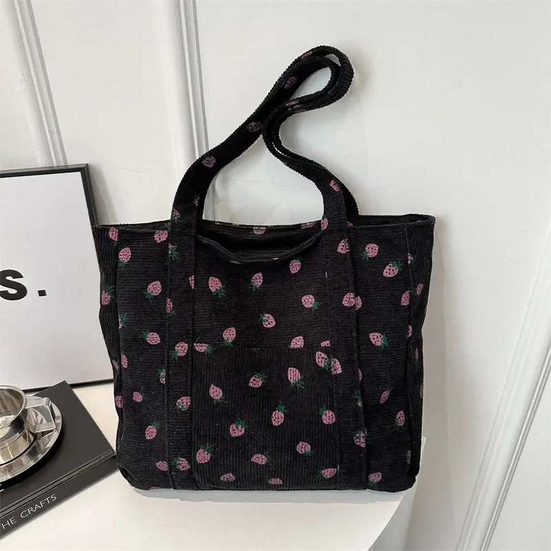 Strawberry Print Corduroy Handbag Sweet Women's Bag Fashion Storage Large Capacity Shoulder Bag Canvas Simple Women's Tote Bags
