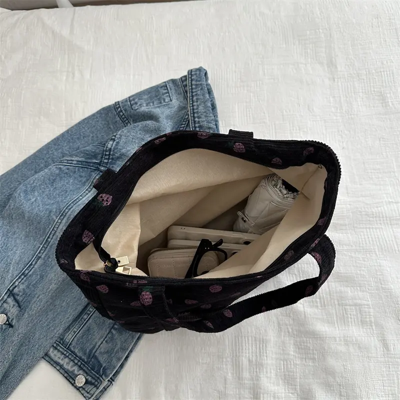 Strawberry Print Corduroy Handbag Sweet Women's Bag Fashion Storage Large Capacity Shoulder Bag Canvas Simple Women's Tote Bags