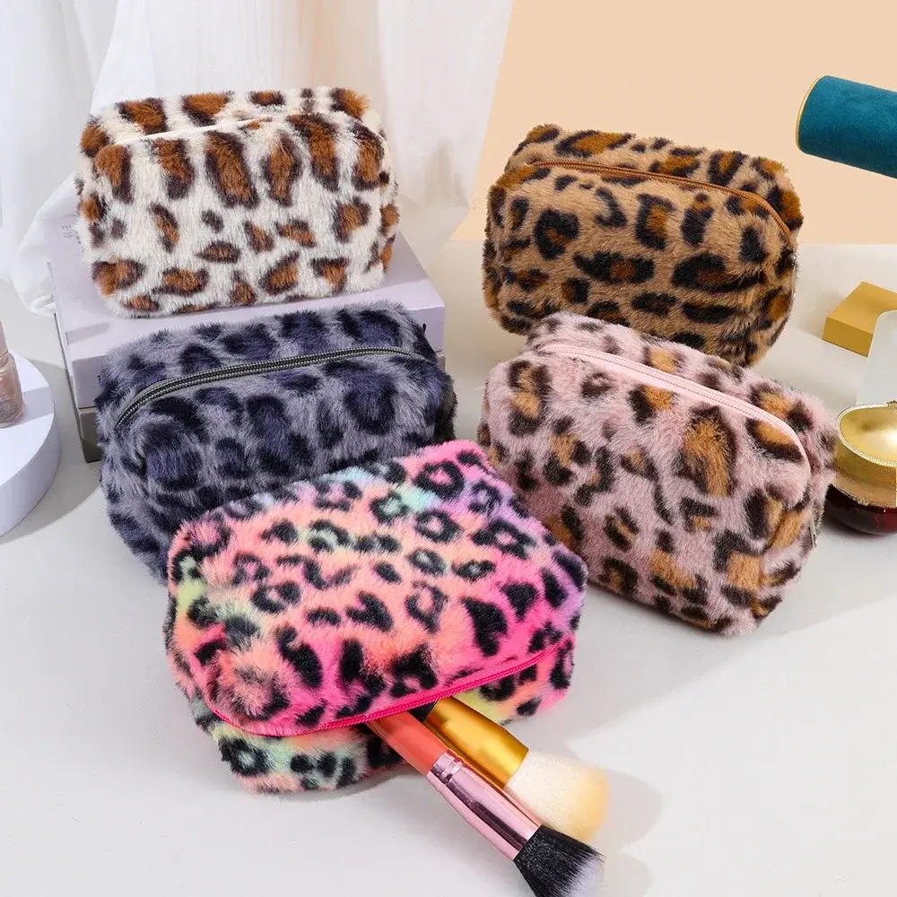Leopard Plush Makeup Bags for Women Soft Travel Cosmetic Bag Organizer Case Lady Girls Make Up Case Necessaries Handbags Case