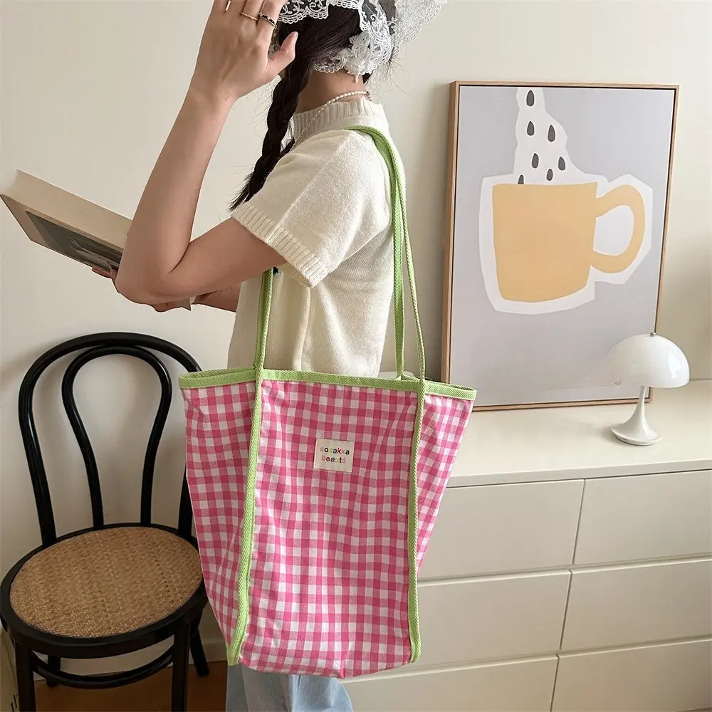 Korean Style Retro Plaid Shoulder Bag Canvas Handbags for Women Large Capacity Tote Bags for Women Female Student Book Bag
