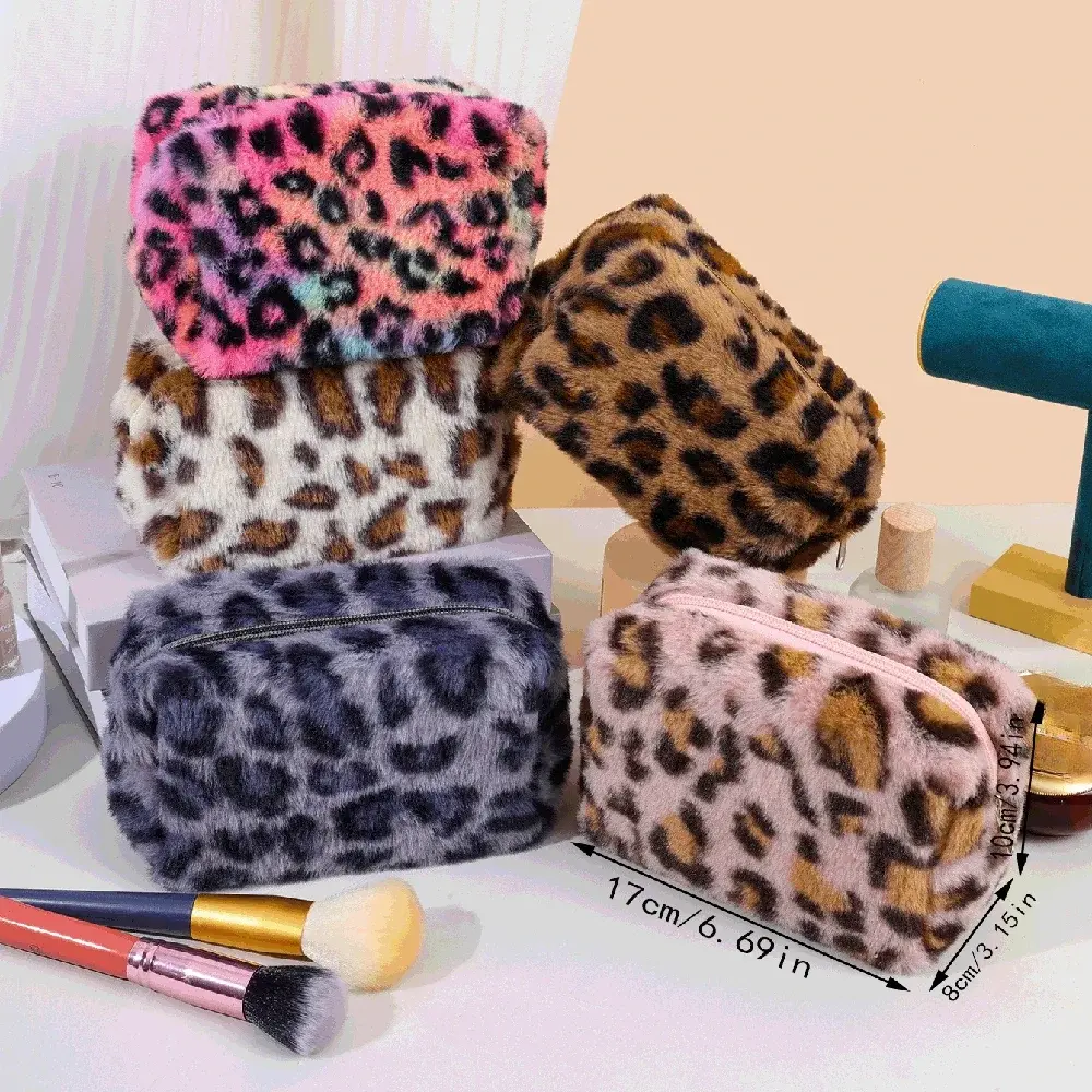 Leopard Plush Makeup Bags for Women Soft Travel Cosmetic Bag Organizer Case Lady Girls Make Up Case Necessaries Handbags Case