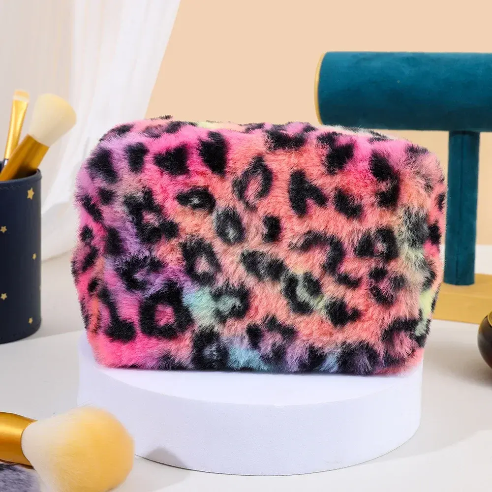 Leopard Plush Makeup Bags for Women Soft Travel Cosmetic Bag Organizer Case Lady Girls Make Up Case Necessaries Handbags Case