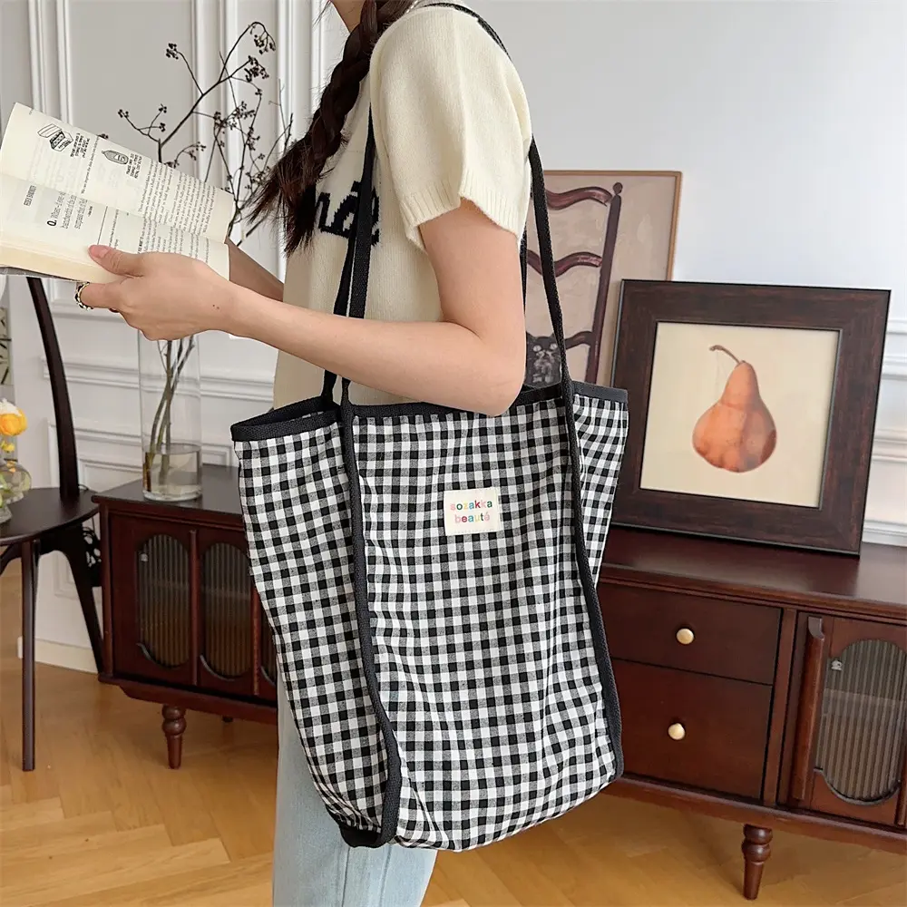 Korean Style Retro Plaid Shoulder Bag Canvas Handbags for Women Large Capacity Tote Bags for Women Female Student Book Bag