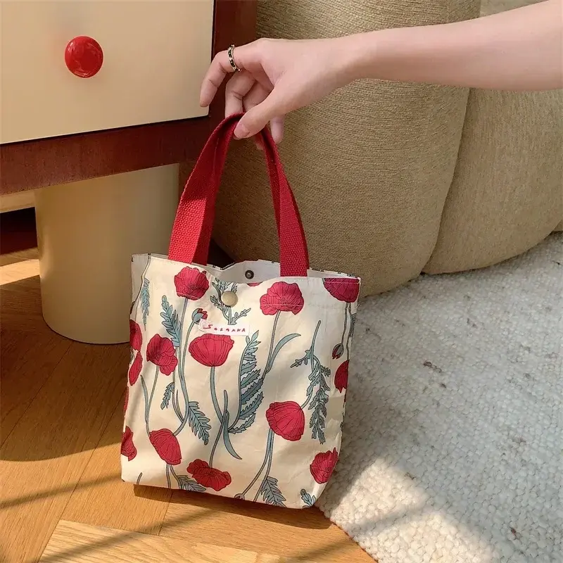 Women Canvas Tote Bag Large Capacity Fashion Floral Shoulder Bag Beach Handbag Lunch Pouch