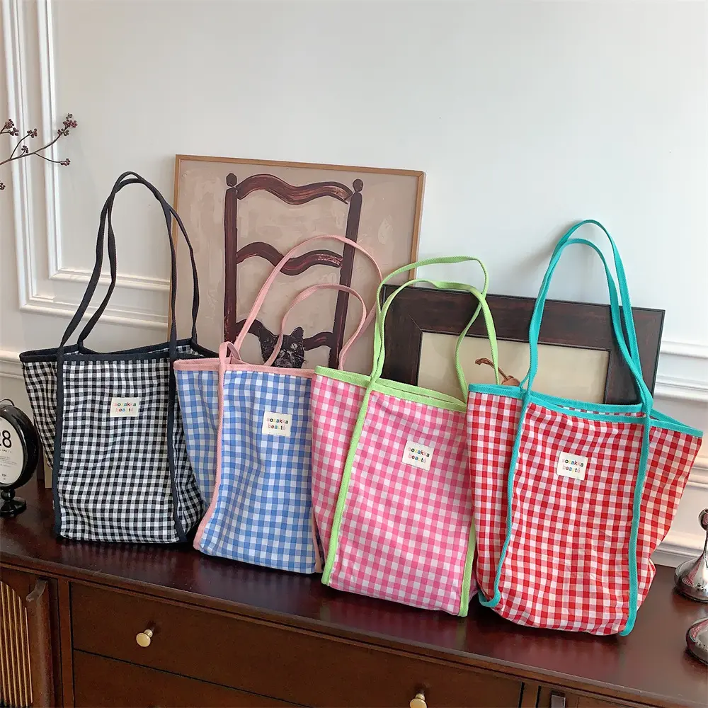 Korean Style Retro Plaid Shoulder Bag Canvas Handbags for Women Large Capacity Tote Bags for Women Female Student Book Bag