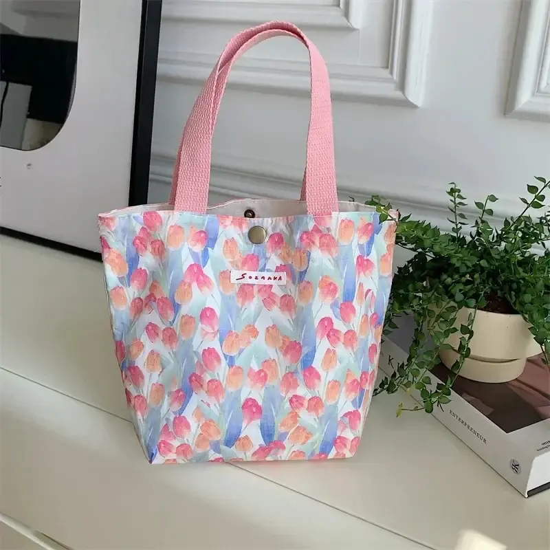 Women Canvas Tote Bag Large Capacity Fashion Floral Shoulder Bag Beach Handbag Lunch Pouch