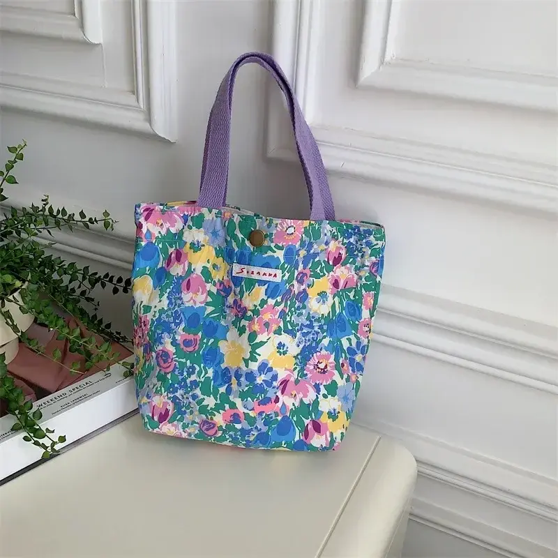 Women Canvas Tote Bag Large Capacity Fashion Floral Shoulder Bag Beach Handbag Lunch Pouch