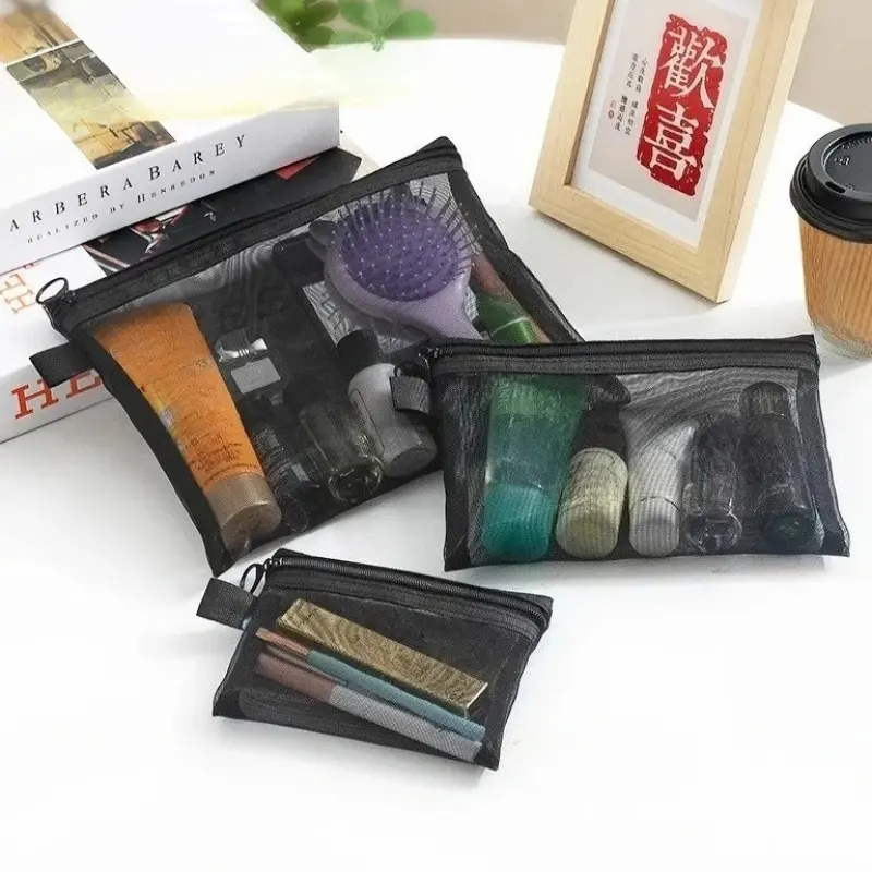 Mesh Makeup Bag Black Large Transparent Travel Cosmetic Organizer Case for Lipstick Toiletry Storage