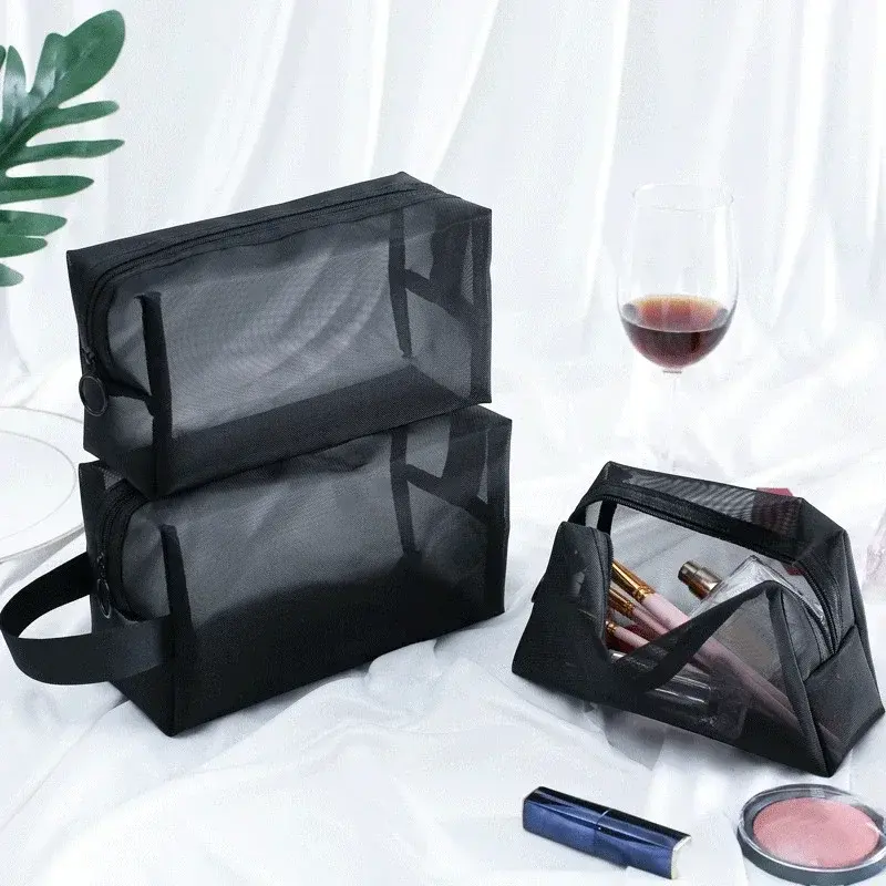 Mesh Clear Cosmetic Bags Small Large Black Makeup Bag Portable Travel Toiletry Organizer Case Lipstick Storage Pouch