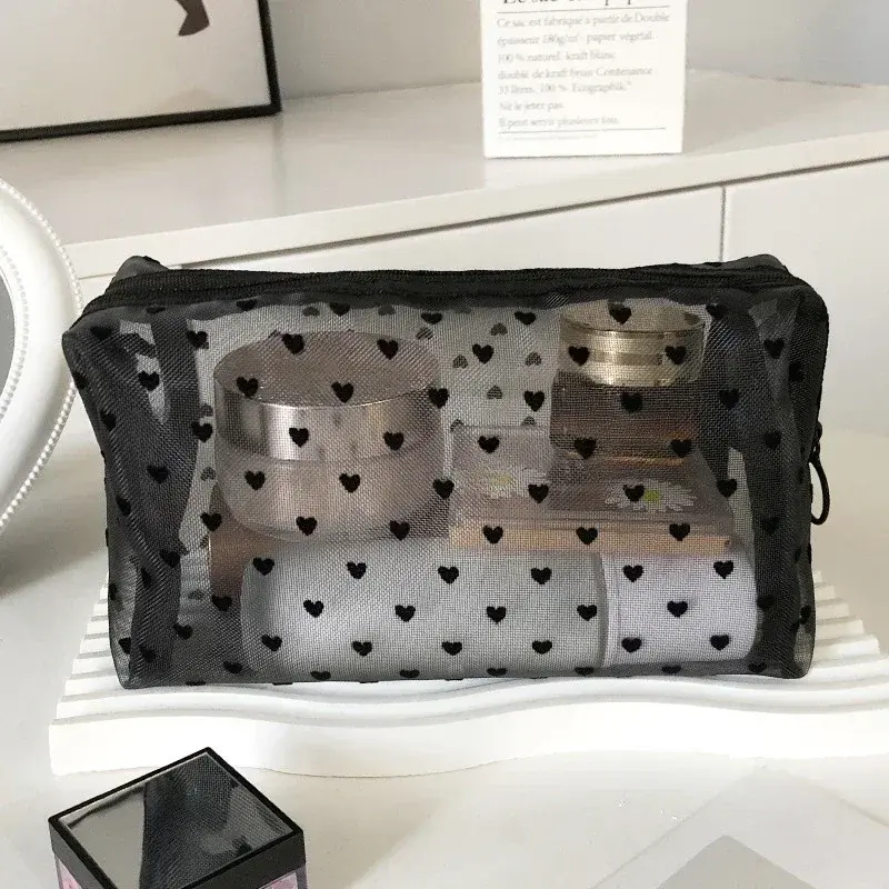 Nylon Mesh Cosmetic Bag Multifunctional Zipper Heart Shaped Toiletry Organizer Makeup Bags Women Lipstick Key Coin Purse Pouch