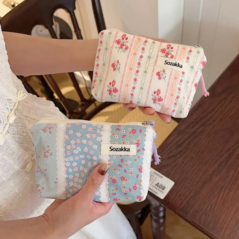 Kawaii Floral Coin Purse Makeup Bag Cosmetic Lipstick Storage Bag for Women Makeup Handbags Wallet Organizer Small Pouch Bags
