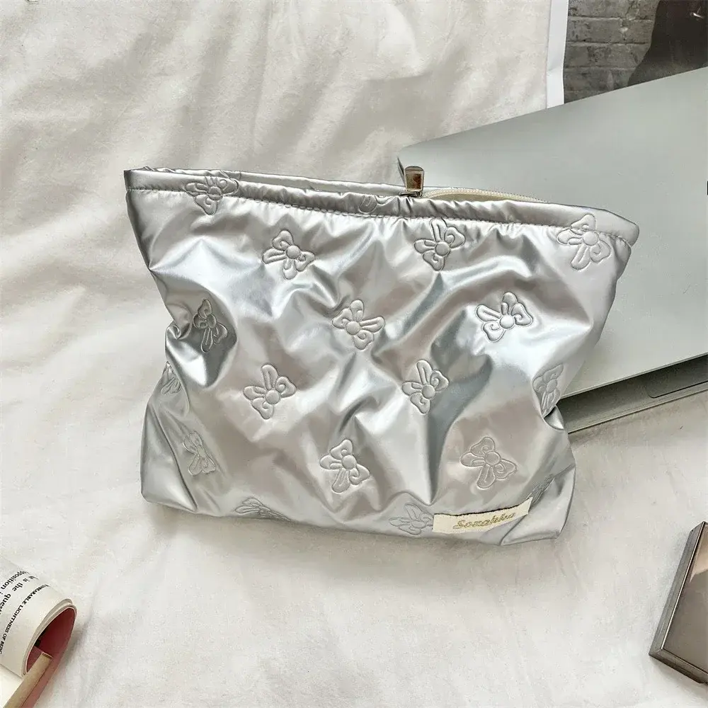 Korean Women PU Heart Bow Cosmetic Bag Cosmetic Organizer Pouch Zipper Pocket Multi-function Makeup Lipstick Storage Bag Handbag
