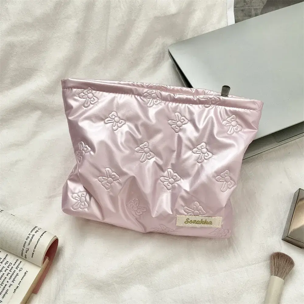Korean Women PU Heart Bow Cosmetic Bag Cosmetic Organizer Pouch Zipper Pocket Multi-function Makeup Lipstick Storage Bag Handbag