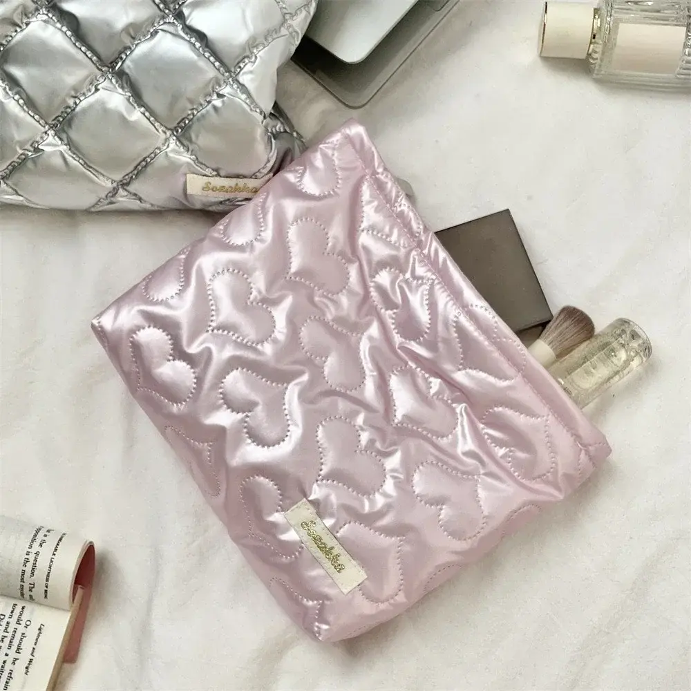 Korean Women PU Heart Bow Cosmetic Bag Cosmetic Organizer Pouch Zipper Pocket Multi-function Makeup Lipstick Storage Bag Handbag
