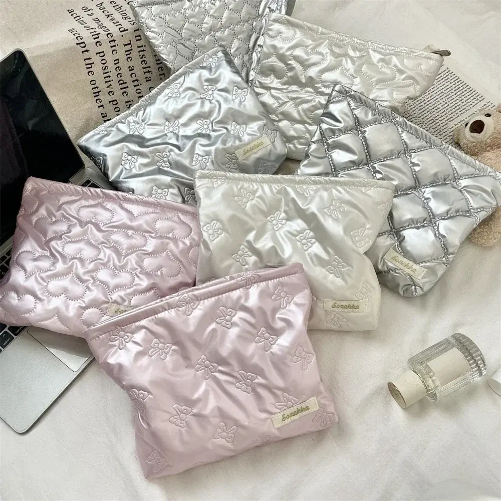 Korean Women PU Heart Bow Cosmetic Bag Cosmetic Organizer Pouch Zipper Pocket Multi-function Makeup Lipstick Storage Bag Handbag