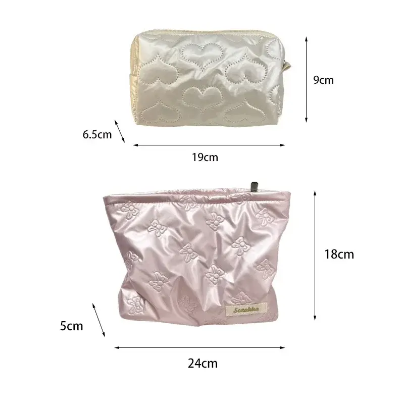 Korean Women PU Heart Bow Cosmetic Bag Cosmetic Organizer Pouch Zipper Pocket Multi-function Makeup Lipstick Storage Bag Handbag