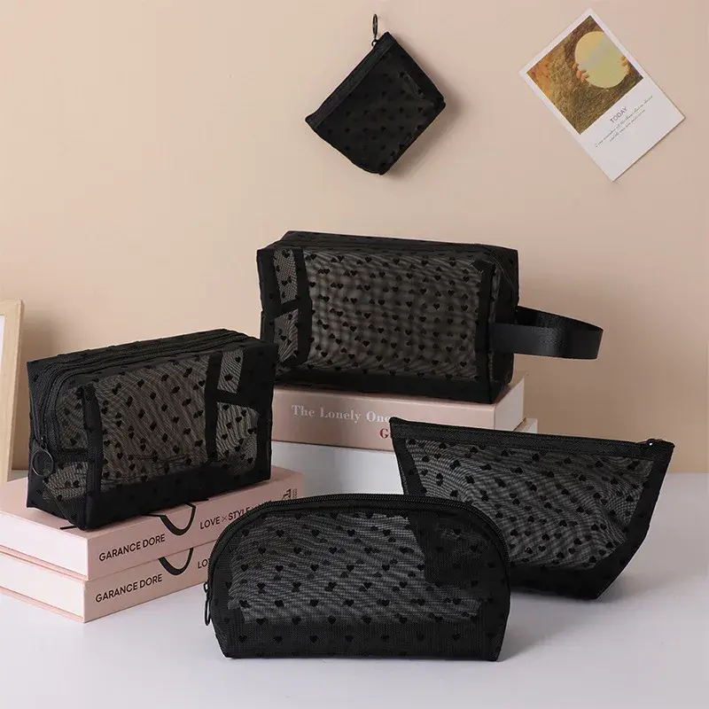 Heart Transparent Mesh Makeup Bag Multifunction Portable Women Cosmetic Storage Pouch Ladies Toiletry Lipstick Organizer Bags