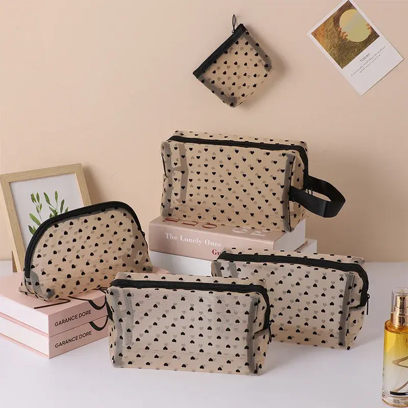 Heart Transparent Mesh Makeup Bag Multifunction Portable Women Cosmetic Storage Pouch Ladies Toiletry Lipstick Organizer Bags