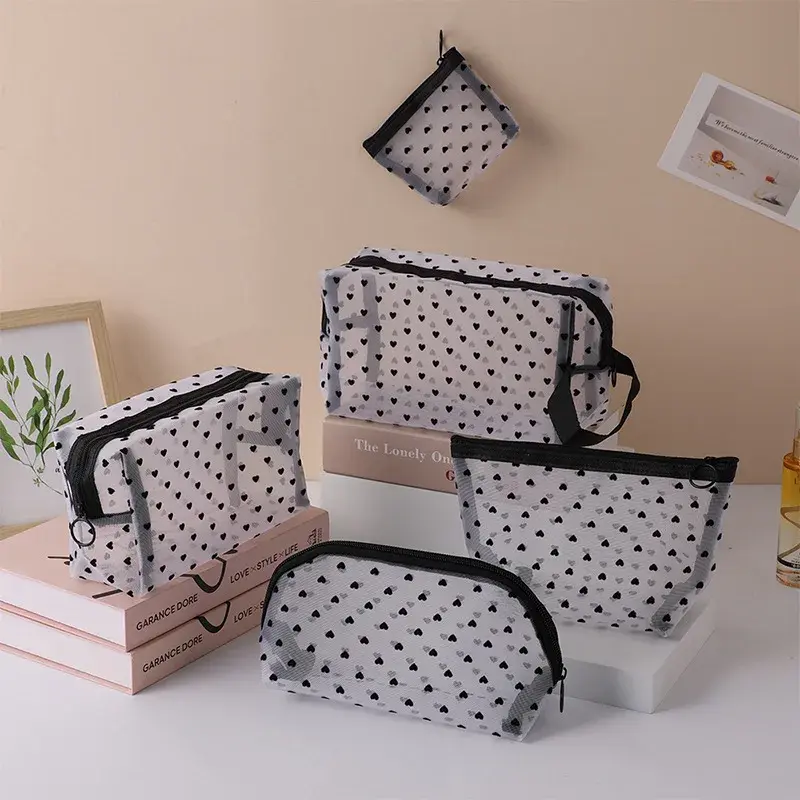Heart Transparent Mesh Makeup Bag Multifunction Portable Women Cosmetic Storage Pouch Ladies Toiletry Lipstick Organizer Bags