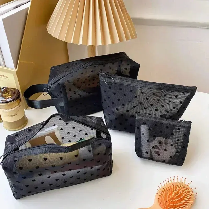 Heart Transparent Mesh Makeup Bag Multifunction Portable Women Cosmetic Storage Pouch Ladies Toiletry Lipstick Organizer Bags