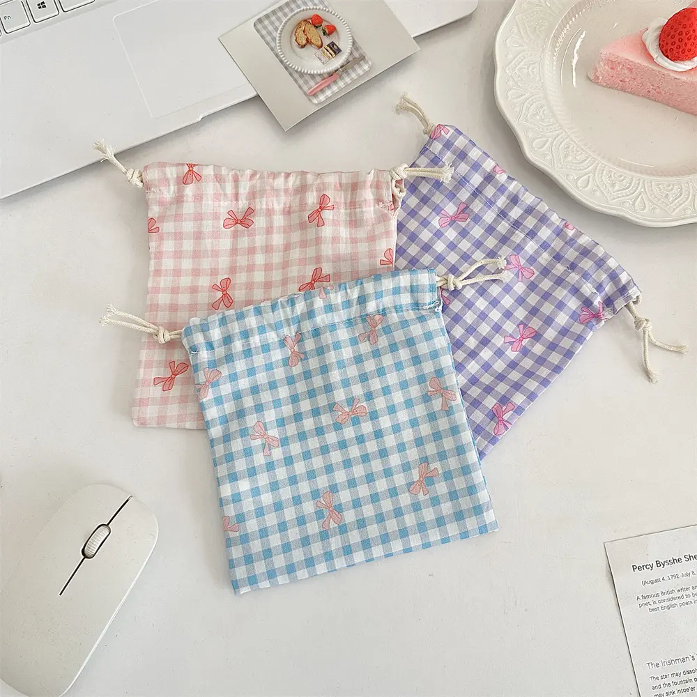 Cute Bow Print Drawstring Bags Women Handbag Coin Purse Key Lipstick Storage Pouch