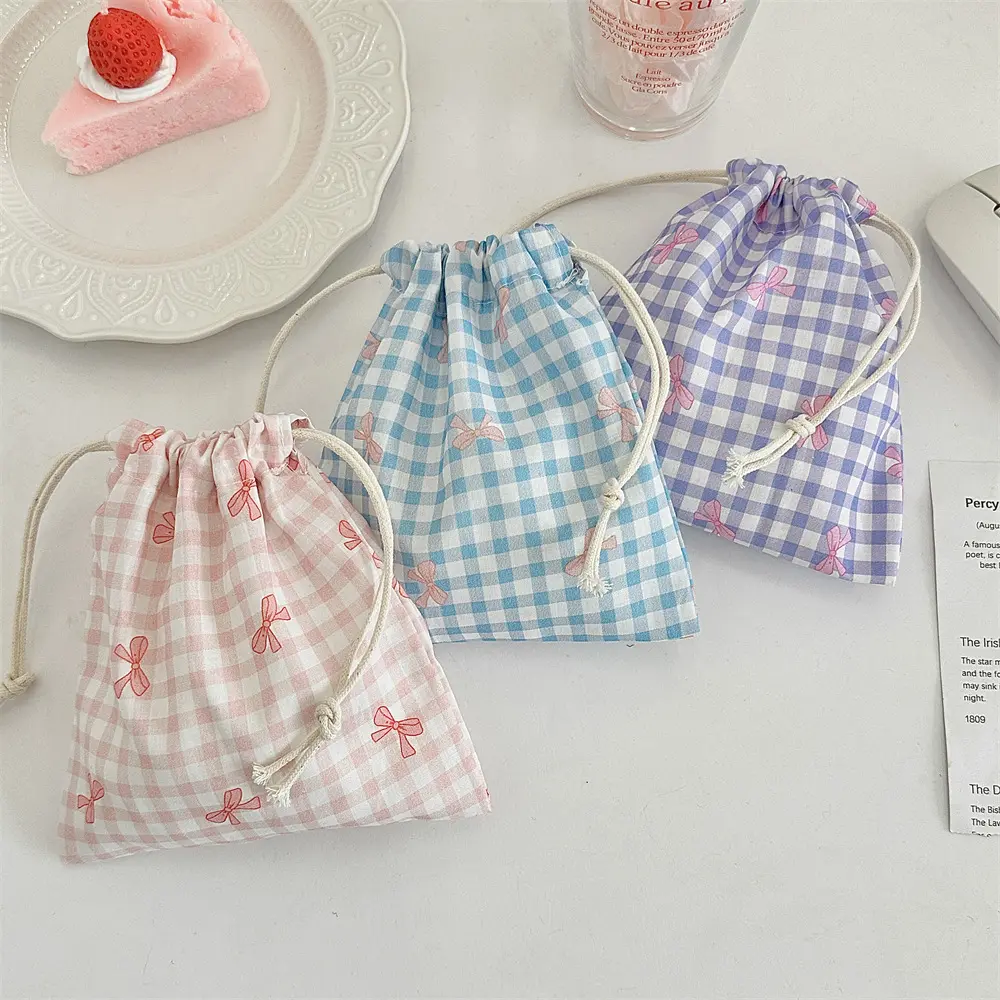 Cute Bow Print Drawstring Bags Women Handbag Coin Purse Key Lipstick Storage Pouch