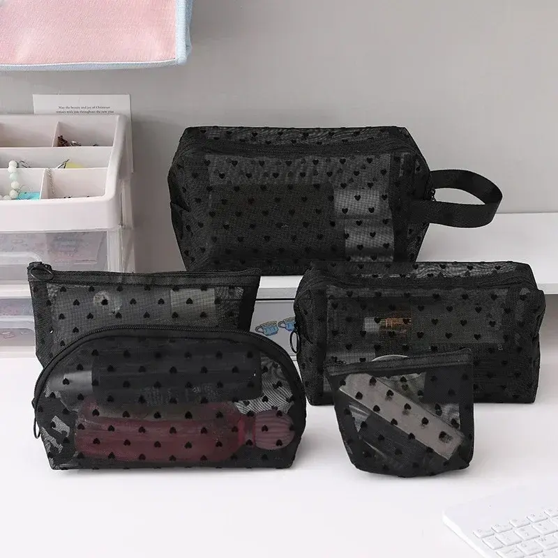 Heart Transparent Mesh Makeup Bag Multifunction Portable Women Cosmetic Storage Pouch Ladies Toiletry Lipstick Organizer Bags