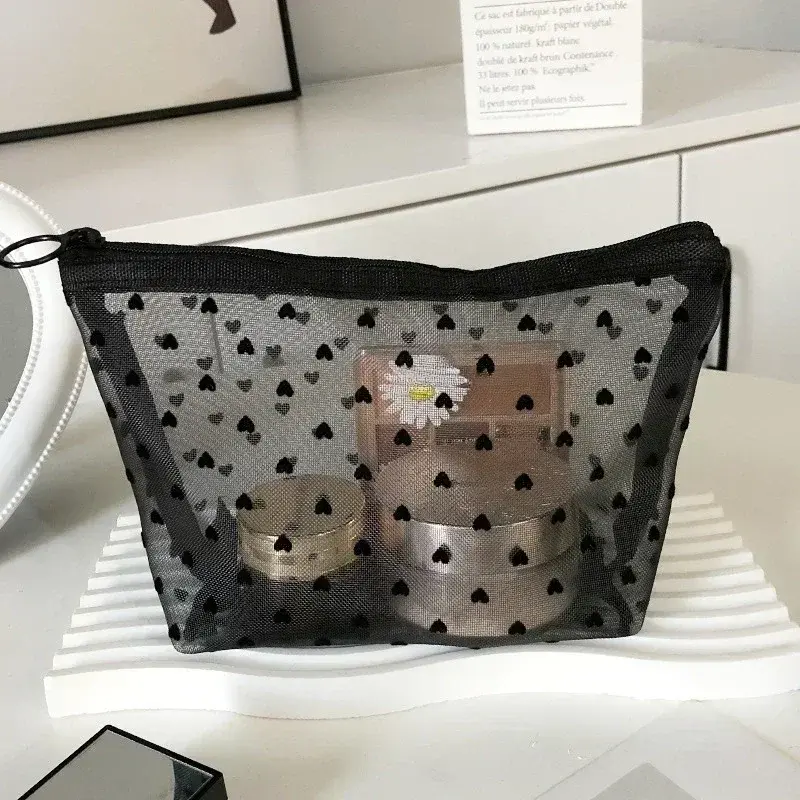 Heart Transparent Mesh Makeup Bag Multifunction Portable Women Cosmetic Storage Pouch Ladies Toiletry Lipstick Organizer Bags